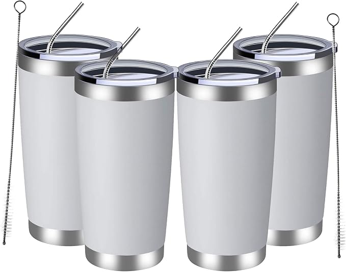 MEWAY 20oz Tumbler 4 Pack Double Wall Vacuum Insulated Travel Mug Bulk, Stainless Steel Tumblers with Lid and Straw, Durable Powder Coated Coffee Cups for Cold & Hot Drinks (White, 4)