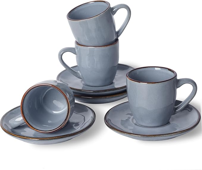 famiware Ocean Espresso Cups with Saucers Set of 4, 3.34oz Espresso Cup Set, Coffee Mug Set for Latte, Macchiato, Stoneware Demitasse Cups Set for Cafe, Microwave&Dishwasher Safe, Blue