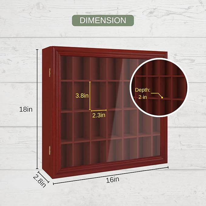 Shot Glass Display Cabinet Solid Wood - Large Display Case for Collectibles | Man Cave Accessories | UV Protection Acrylic Door | Wall Mounted Black Shadow Box | 28 Slots | 18" x 16" Mahogany