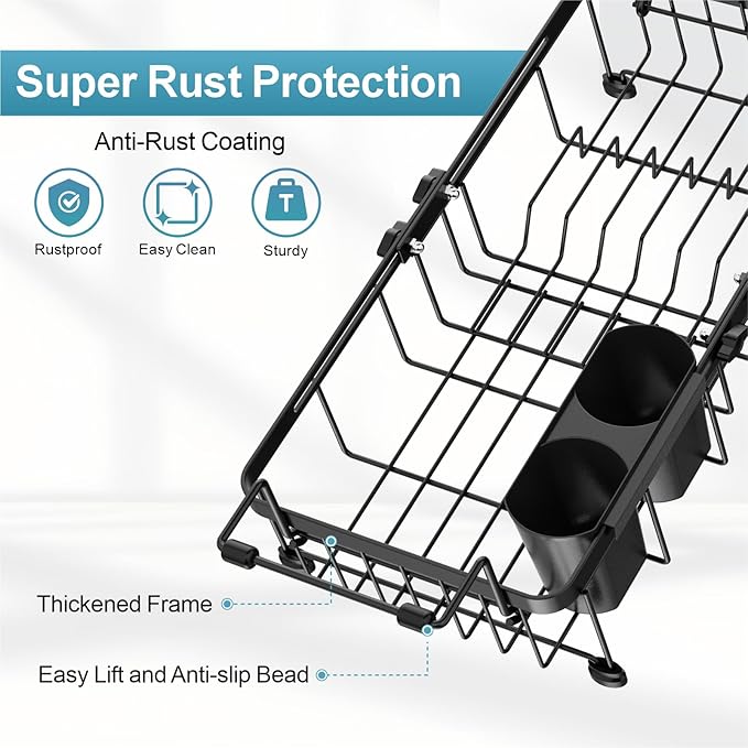iSPECLE Small Sink Dish Drying Rack with Cup Holder, Expandable Rust Resistant Dish Drainer for RV Kitchen, Dish Rack with Tightening Knob, Arms with Non Slip Rubber, Black