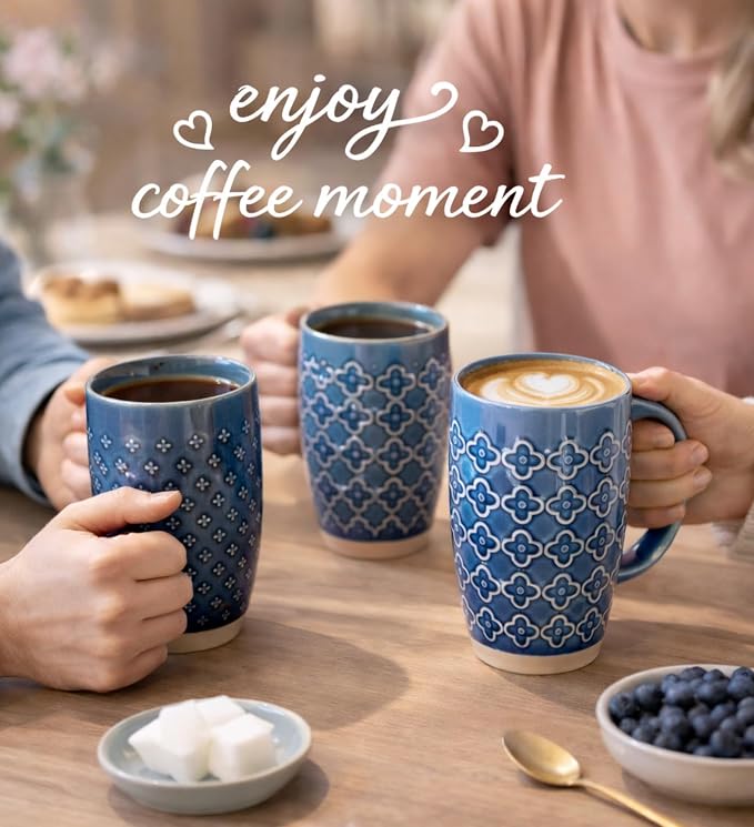 GBhome 20oz Large Coffee Mugs Set of 6, Handmade Tall Ceramic Coffee Mugs with Texture Patterns for Cappuccino, Latte,Hot Cocoa, Dishwasher & Microwave Safe-Moonlight Blue