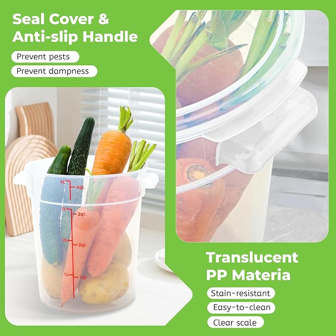 BIEAMA 4 Pack 4 Qt Round Food Storage Containers with Lids, Translucent PP | Include lids, labels, measuring cups and containers with capacity markings for food prep, pantry storage and dough proofing.