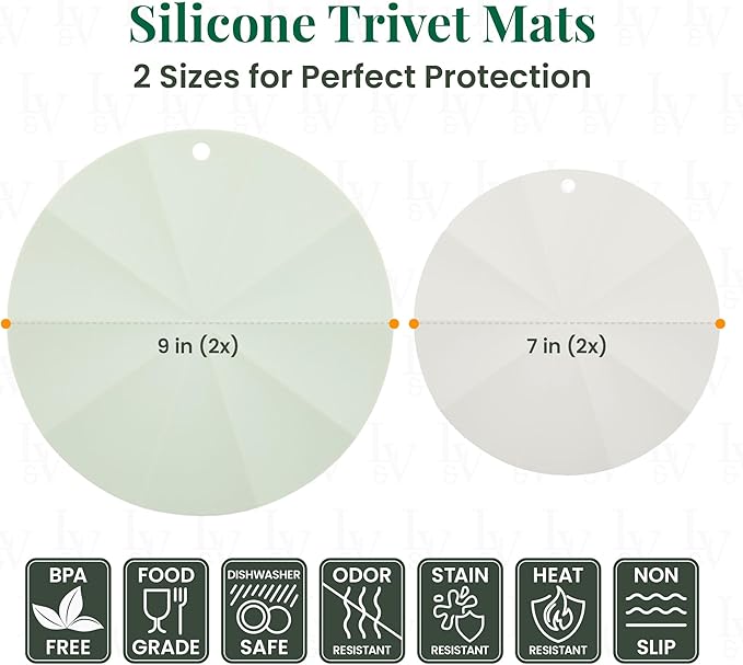 Larder & Vine Silicone Trivets for Hot Pots and Pans | Set of 4 Round Hot Pads for Kitchen | 7” & 9” Trivets for Hot Dishes | Heat-Resistant Silicone Mats for Kitchen Counter | Sage/French Gray