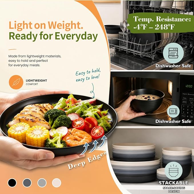 Wrova 40-Piece Kitchen Plates and Bowls Sets- Wheat Straw Dinnerware Sets for 8- Unbreakable Plates Bowls and Cups Set, Side Dishes- Microwave & Dishwasher Safe Dishware Sets - Black & Gray