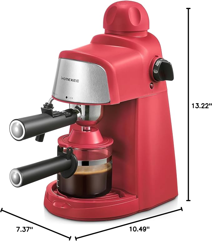 Ihomekee Espresso Machine, 3.5Bar Espresso and Cappuccino Machine with Preheating Function, 4 Cup Coffee Maker with Milk Frothing Function and Steam Wand (Red), CM6810