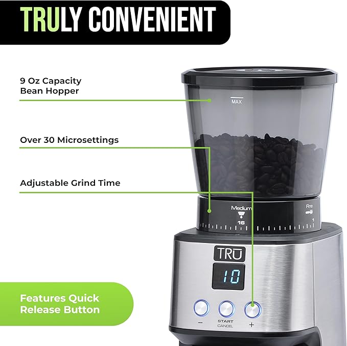 TRU Conical Burr Grinder - Precision Coffee Bean Grinder with 30 Grind Settings - Adjustable Grind Time & Digital Countdown - 9 oz Bean Hopper for Espresso & Drip Coffee
