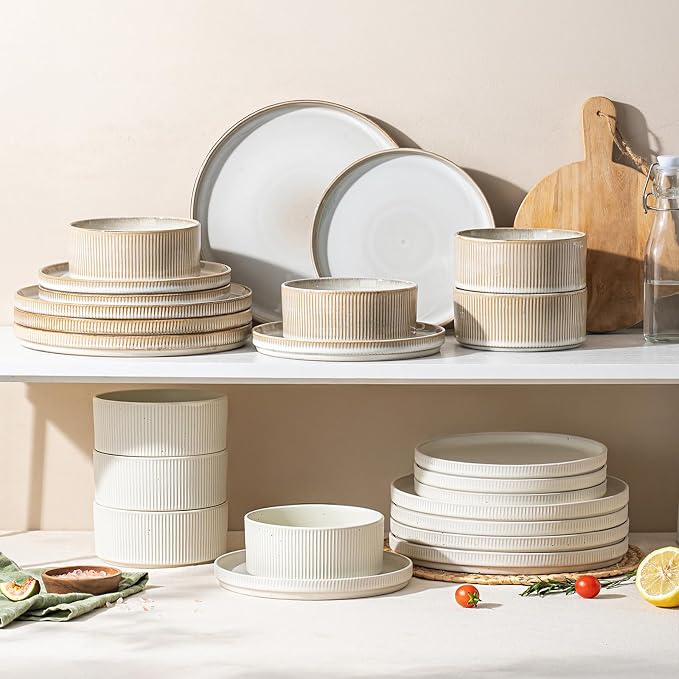 Ceramic Dinnerware Sets for 4-12 Piese Plates and Bowls Set, Microwave and Dishwasher Safe Stoneware, Ribbed Dishes and 22oz bowls, Beige