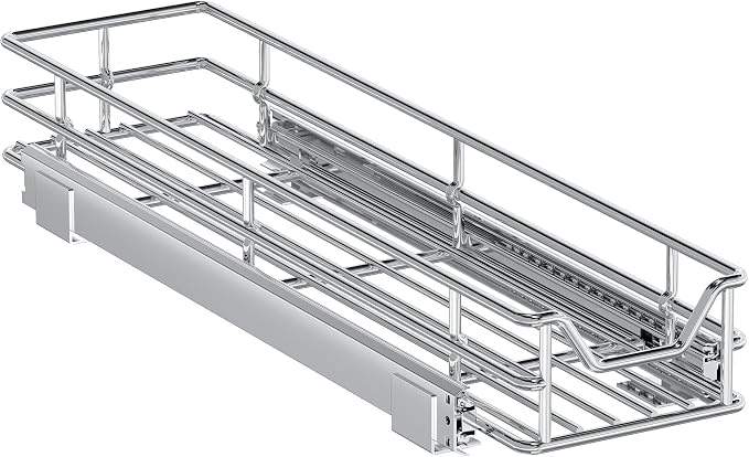 Pull Out Cabinet Organizer, 5.5" W x 21.5" D, Heavy Duty Chrome Slide Out Shelf for Narrow Base Cabinets, Sliding Wire Basket Drawer for Spices, Bottles, Snacks & Cleaning Supplies
