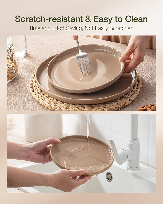 Famiware Milkyway Stoneware Dinnerware Sets with Pasta Bowls, Service for 4 (16 Pieces), Plates and Bowls Sets -Scratch Resistant, Microwave and Dishwasher Safe Dishes Set, Cinnamon Brown