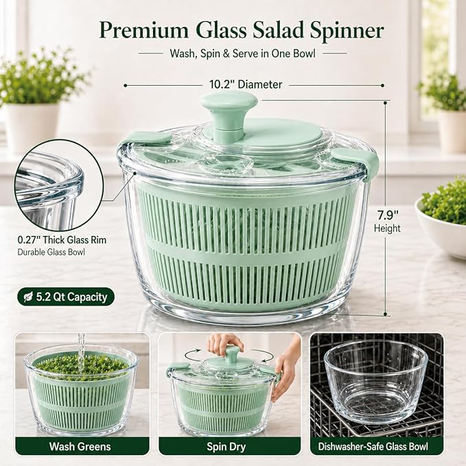 Large 5.2 Qt Glass Salad Spinner Vegetable Dryer with Drain Microwave Safe Dishwasher Safe with Transparent Lid Crank Handle Quick Spin Greens Washer for Lettuce Herbs Fruits