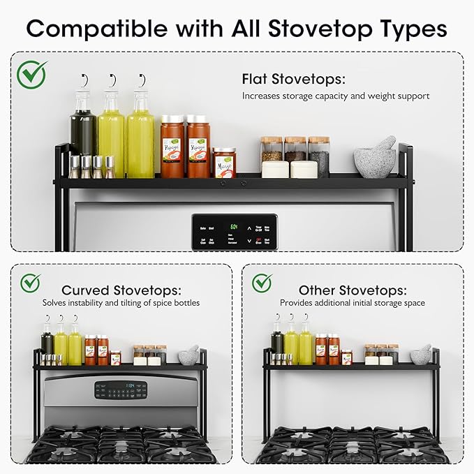Bumusty Adjustable Stove Top Shelf – Expandable 4-Level Spice Rack and Kitchen Countertop Organizer, Anti-Slip Metal, 27"–33" Length, 11"–14" Height, Black