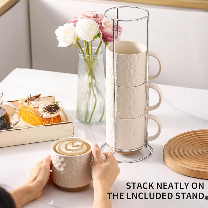 Nihow 16 OZ Ceramic Coffee Mug with Stackable Stand,Set of 4,White | Stackable, Stainless Stand Included, Cappuccino & Tea, Hot/Cold Drinks, Dishwasher & Microwave Safe