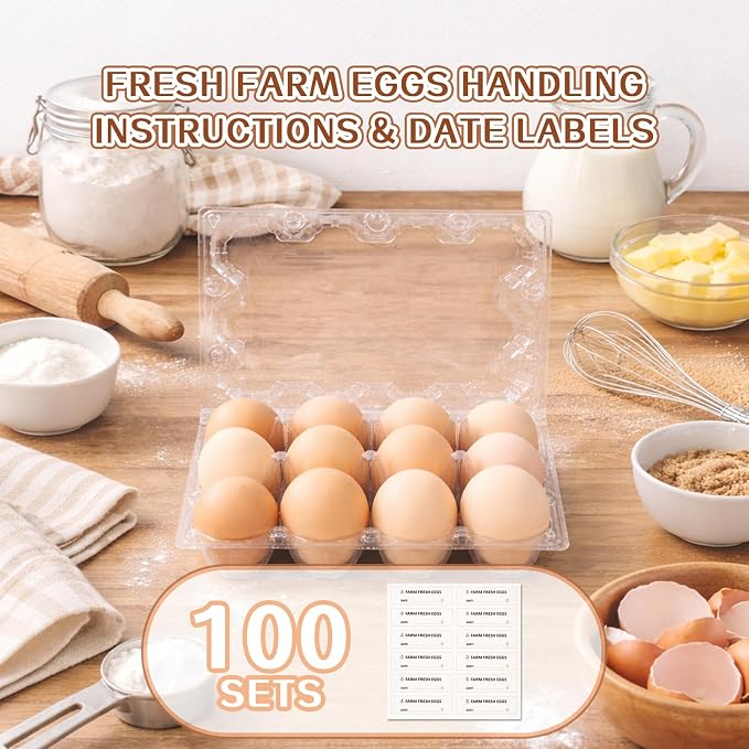WIKDAY Egg Cartons Cheap Bulk 100 Pack 12 Count Plastic Clear Dozen Reusable Empty Egg Containers for Chicken Eggs Storage with Date Tracking Stickers