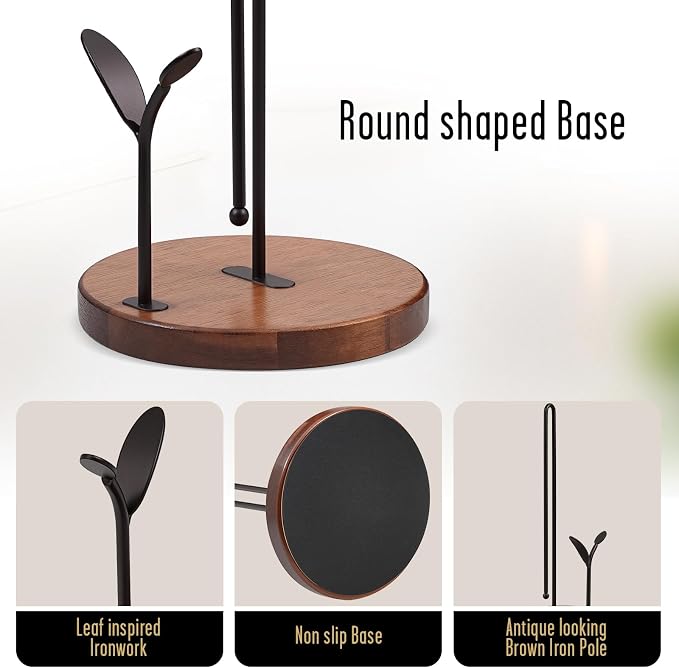 Wooden Paper Towel Holder Countertop,Round Base with Dual Iron Rods in Antique Brown Finish, Leaf-Shaped Accent, Stable & Durable, Non Slip Pads, Elegant Kitchen/Dining Décor