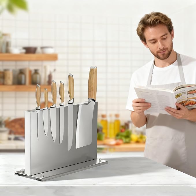 Magnetic Knife Block with Sharpener, Double-Sided Stainless Steel Magnetic Knife Holder with Suction Base, Kitchen Counter Knife Holder Stand, No-Drill Installation