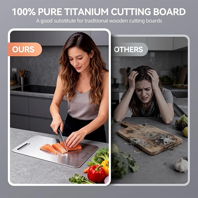 Titanium Cutting Board, 100% Pure Titanium Cutting Boards for Kitchen, Double-Sided Non-Toxic Cutting Board, Ideal for Slicing and Dicing Meats, Features Handle, Dishwasher Safe - 10.5"L*6.5"W（silver）
