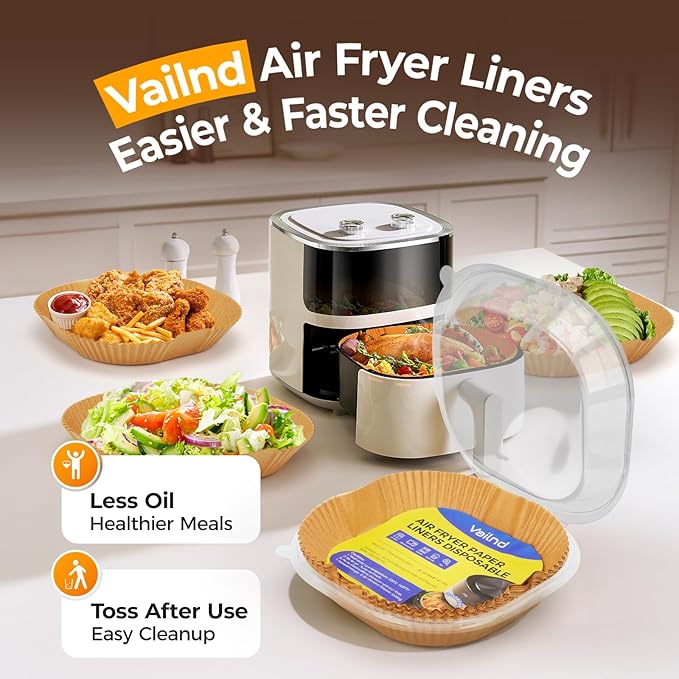 Vailnd 9inch Square Air Fryer Disposable Paper Liners, 125PCS Non-Stick Food Grade Parchment Paper, Oil Resistant, Waterproof, Food Grade Baking Paper for 10-12 QT Air Fryer Microwave