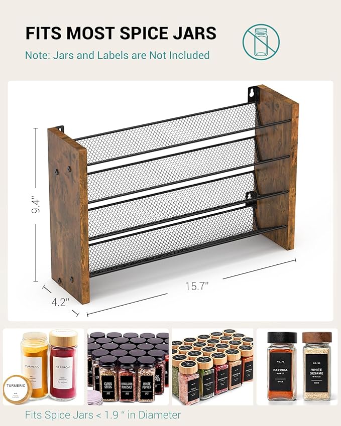 NESAPTO Spice Rack Organizer for Cabinet, Wood 4-Tier Vertical Seasoning Organizer, Wall Mount or Countertop Spice Shelf, Holds 32 Jars (No Jars Included), 15.7" W x 9.4" H