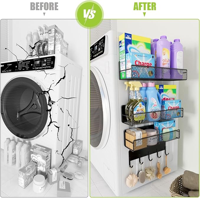 4 Pack Magnetic Shelves for Washing Machine, Heavy-Duty Magnetic Laundry Organizer with Hooks, Washing Machine Shelf for Refrigerator, Metal Storage Baskets, Closet & Laundry Room Organization(Black)
