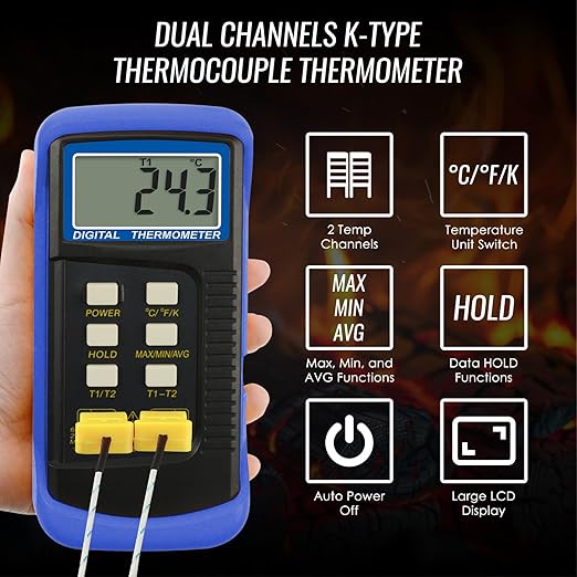 DANOPLUS Digital K Type Thermometer with 4 Thermocouples, Dual Channels Thermocouple Tester with MAX/MIN/AVG Temperature Measurement (-501300C)