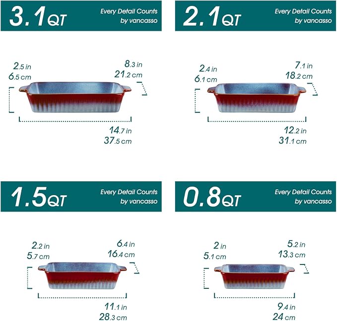 vancasso Ceramic Casserole Dishes for Oven, Reactive Glaze Bakeware Set of 4, Deep Rectangular Baking Dishes with Handles, Lasagna Pan Set, Microwave & Dishwasher Safe, Gradient Red & Blue (9.4"/11.1"/12.2"/14.7")
