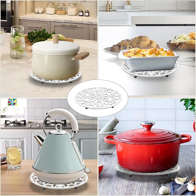 Sumnacon 2 Pcs Oval Cast Iron Trivet - Antique Heat Resistant Metal Trivet for Hot Dish Pot Pan Teapot, Vintage Well Made Hot Plate Pad for Kitchen Dining Countertop Table,White