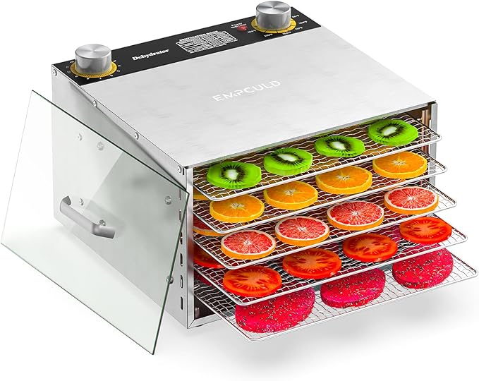 Food Dehydrator - 5 Stainless Steel Trays Dryer Machine with 194℉ Temperature Control & Adjustable Timer, 400W Meat Dehydrator for Jerky, Fruit, Veggies, Dog Treats, 50 Recipes Book Included