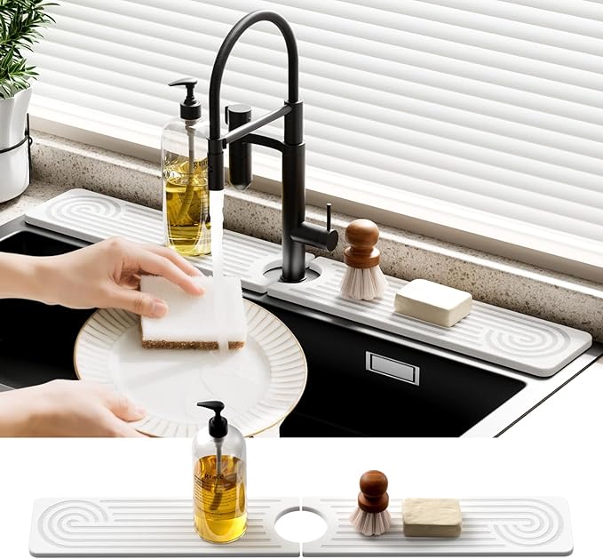 Quick Dry Sink Splash Guard - 23.6" Water Absorbing Stone Drying Tray - Faucet Mat for Kitchen, Bathroom, and Laundry Room - White