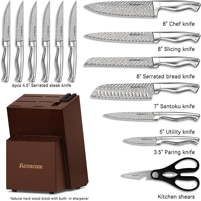 Astercook Knife Set, 15-Piece Kitchen Knife Set with Block, Built-in Knife Sharpener, German Stainless Steel Knife Block Set, Dishwasher Safe Kitchen Utensils Set