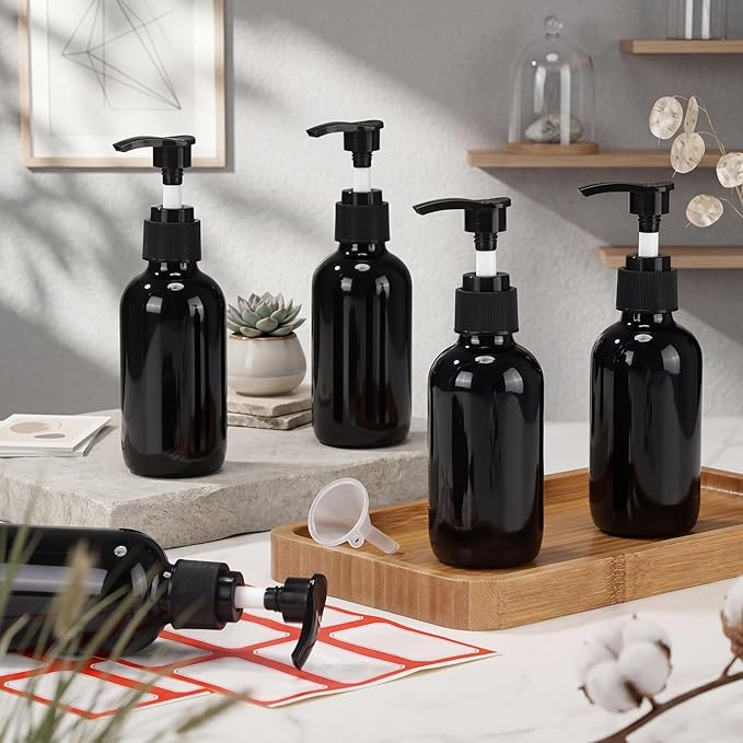 Tanlade Glass Pump Bottle Dispenser 4 oz Travel Bottles with Pump Refillable Glass Containers for Toiletries Lotion Liquid Soap Shampoo Essential Oils Cosmetic Travel Accessories(Black)