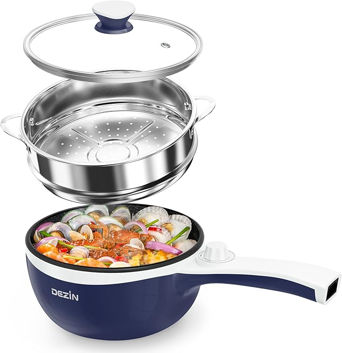 Dezin Hot Pot Electric with Steamer Upgraded, Non-Stick Sauté Pan, Rapid Noodles Electric Pot, 1.5L Mini Pot for Steak, Egg, Fried Rice, Ramen, Oatmeal, Soup with Power Adjustment