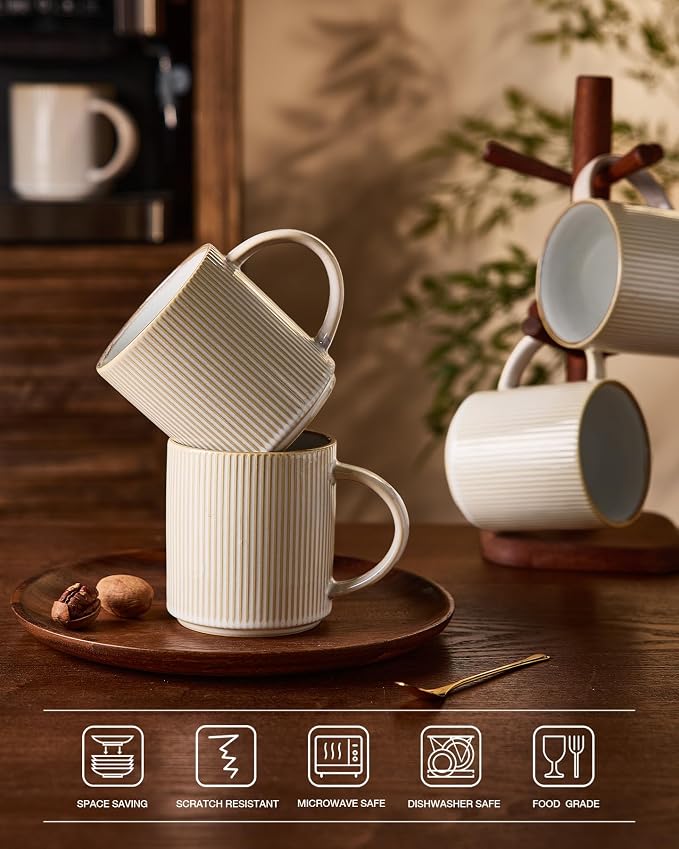 famiware Coffee Mug Set for 4, Star 16 oz Catering Mugs Cup Set with Handle for Coffee, Tea, Cocoa, Milk - Ceramic Stoneware Drinkware Set, Cappuccino White