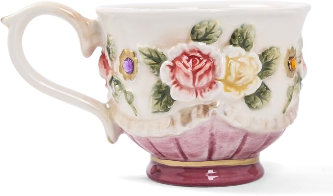 Ceramic Coffee Mug and Saucer Set for Women, Vitorian Hand-painted Rose Flower Tea Cup - 3oz(Red)