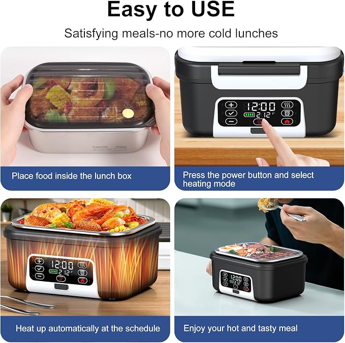 Cordless Electric Heated Lunch Box, 1.5L - 6.3 Cups 100W Rechargeable Smart Self-Heating Food Warmer with Removable Divider, Spoon, Fork, BPA Free, Portable Lunchbox for Car Travel Office White