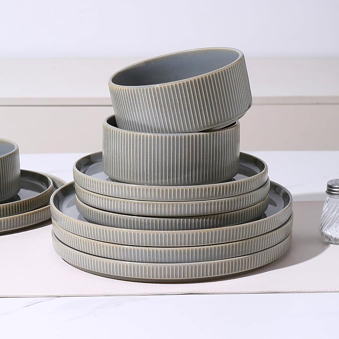 MONITO Ceramic Dinnerware Sets for 6, 18PCS Stoneware Plates and Bowls Sets, Reactive Glaze Dish Set, Chip and Scratch Resistant Double, Microwave and Dishwasher Safe, Sage Mist