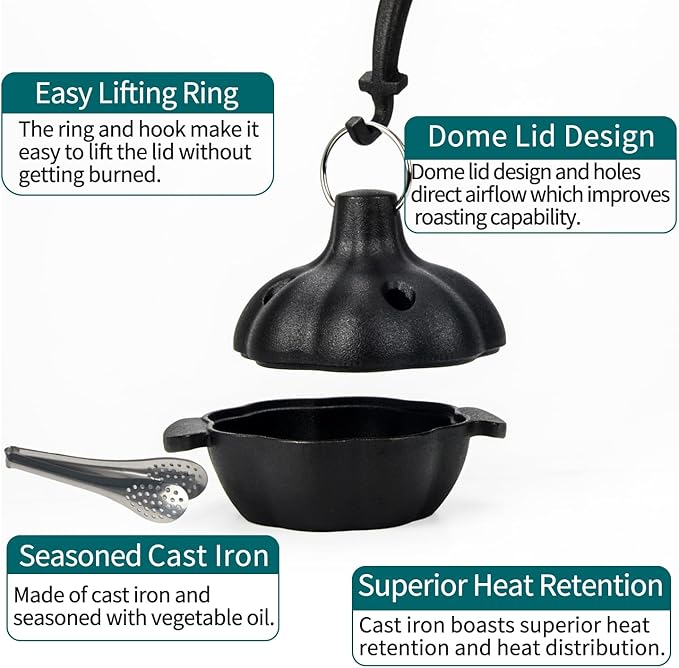 Cast Iron Garlic Roaster with Handle, Smoker Roaster, Garlic Cooker, Cast Iron Baker, Mini Roasting Pot, Potato Baker, Mini Cocotte, Used in the Kitchen Oven or Outdoors on a BBQ Grill Stove