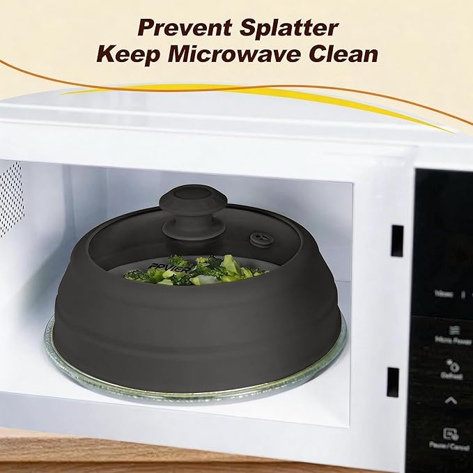 Microwave Splatter Cover - 9.8" Glass Lid with Collapsible Silicone Rim, Universal Pot & Plate Cover for Mess-Free Heating (Black, 9.8inch)