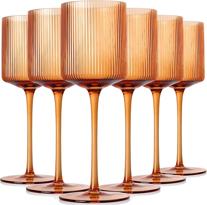 Amber Colored Square Wine Glasses Set of 6, Elegant Ribbed Design Amber Crystal Glassware with Long Stem, 11.5oz Hand Blown Red & White Wine Stemware For Home Dinner Party Wedding Housewarming Gift