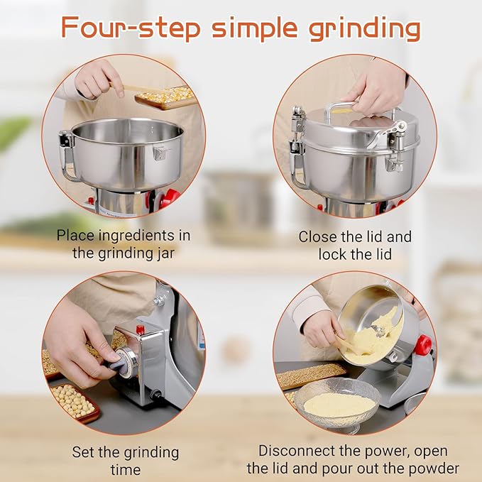 Electric Grain Mill 1000g High-speed Grain Spice Herb Grinder 2600W Dry Grinder Machine 304 Stainless Steel Superfine powder High-speed Grain Mill 36000r/min for Kitchen Home and Commercial