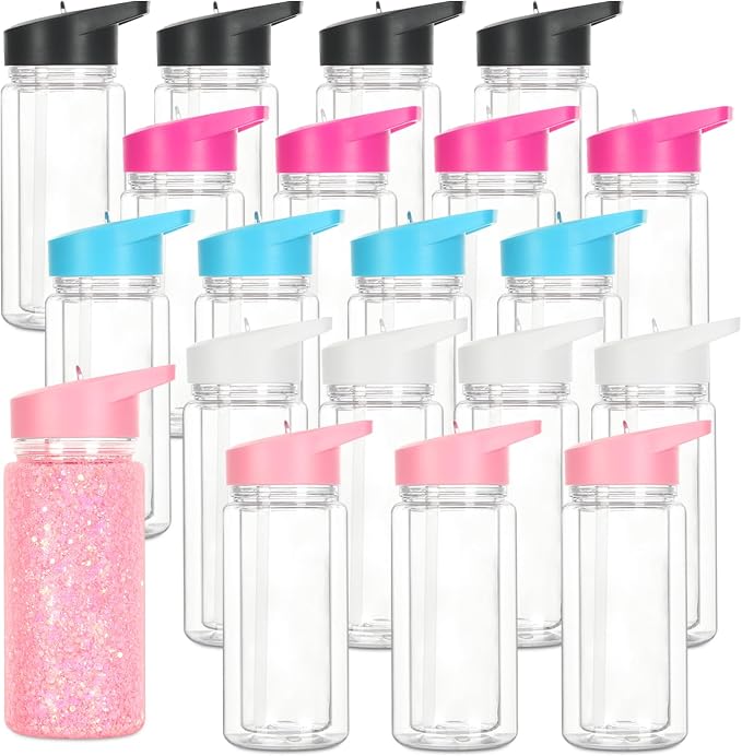 20 Pack 10 Oz Plastic Snow Globe Tumbler for Kids with Pre-Drilled Hole and Plug, Leak Proof Double Wall Snow Globe Sports Water Bottle with Portable Handle for Glitter DIY Gift, Mixed Color