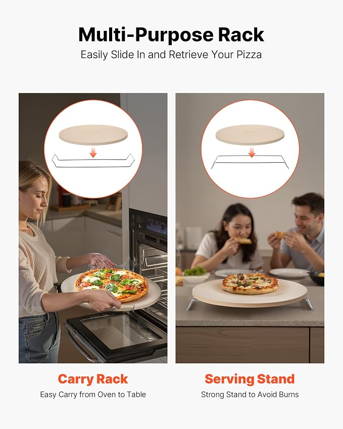 VEVOR Pizza Stone, 16 in Round Pizza Stone, 0.67" Thick Extra Large Baking-Stone with Rack Stand, 1450℉ Heat-Resistant Cooking Stones, for Kitchen Oven, Baking Pizzas, BBQ Grill