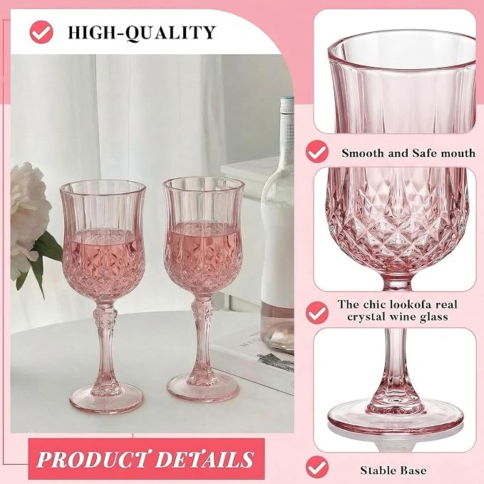 Pinkunn 24 Pcs 7 oz Plastic Vintage Wine Glasses Reusable Colored Goblets Patterned Drinking Water Glasses Cup Dishwasher Safe for Mother's Day Wedding Reception Party Supplies (Pink)