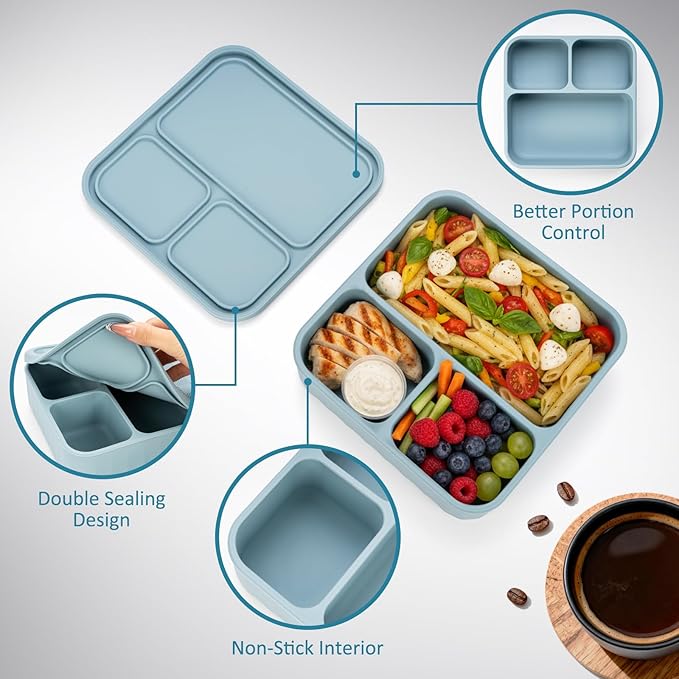 Ziplock Silicone Food Storage Bags Freezer, Bundle of 3 Compartment Silicone Bento Box Adult Lunch Container, Microwave Oven Dishwasher Safe