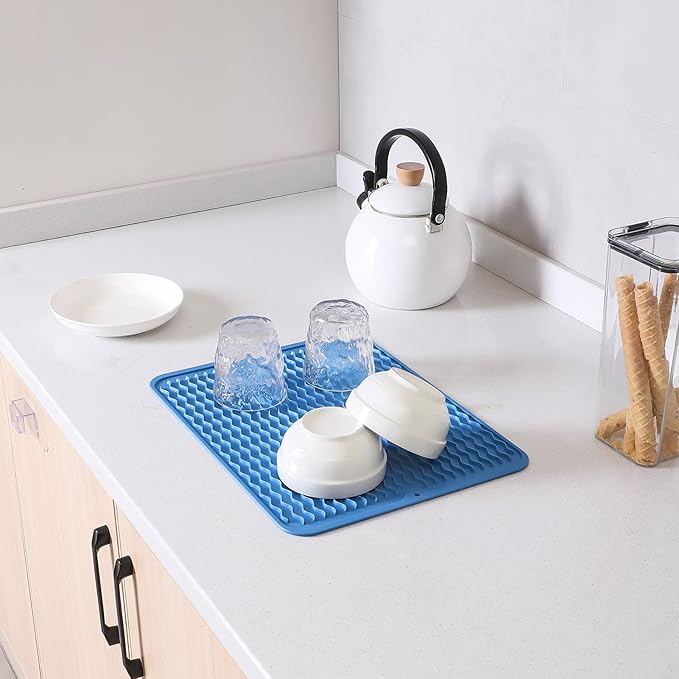 MicoYang Silicone Dish Drying Mat for Multiple Usage,Easy clean,Eco-friendly,Heat-resistant Silicone Mat for Kitchen Counter or Sink,Refrigerator or Drawer liner Lichen BlueL M 12 inches x 12 inches