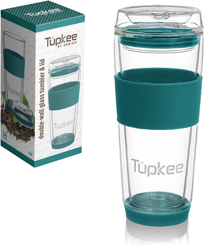 Double Wall All Glass Tumbler - 14-Ounce, Reusable Insulated Tea/Coffee Mug & Lid, Hand Blown Glass Travel Mug - Cyan- 2 Pack