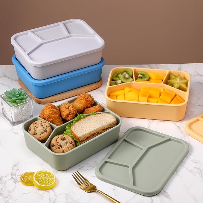 Honeydak 4 Pcs Silicone Bento Box Reusable Lunch Container 4 Compartment Snack Boxes with Lid Smooth LeakProof Rectangle Food Boxes for Adult Work Travel Food Storage (Cute Color)