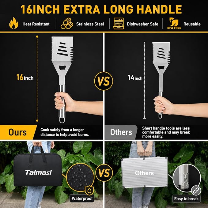 34Pcs Grill Accessories Grilling Gifts for Men, 16 Inches Heavy Duty BBQ Accessories, Stainless Steel BBQ Tools with Thermometer, Grill Mats for Backyard, BBQ Set for Men Women