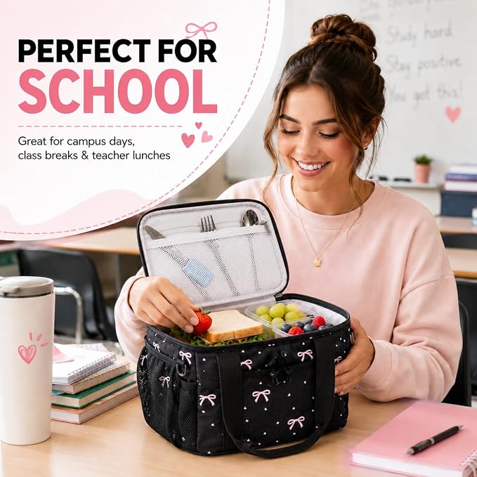 BTOOP Insulated Lunch Box for Women, Cute Corduroy Lunch Bag with Shoulder Strap, Leakproof Wide-Open Lunch Tote for Work, Office, School, Picnic, Pink Bow-Black
