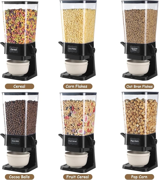 Cereal Dispenser Countertop with Cereal Bowls,16 Labels & Pen, Cereal Containers Storage, Candy Dispenser, Dry Food Dispenser For Pantry - Not Easy to Crush Food (Black, 2 Pack)