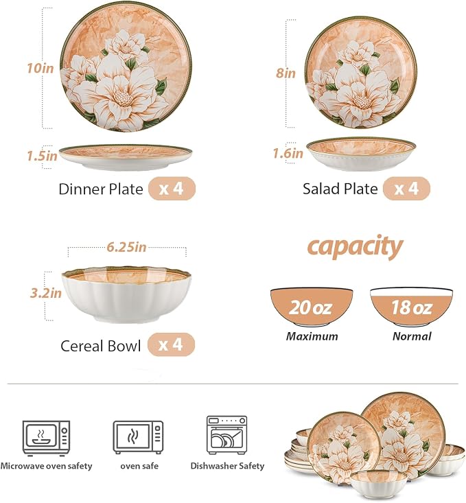 12 Pcs Service for 4 Ceramic Dinnerware Set, Elegant Camellia | Thanksgiving Dinner, Vintage Table Deco, Stackable Porcelain Plates and bowls, Microwave & Dishwasher Safe